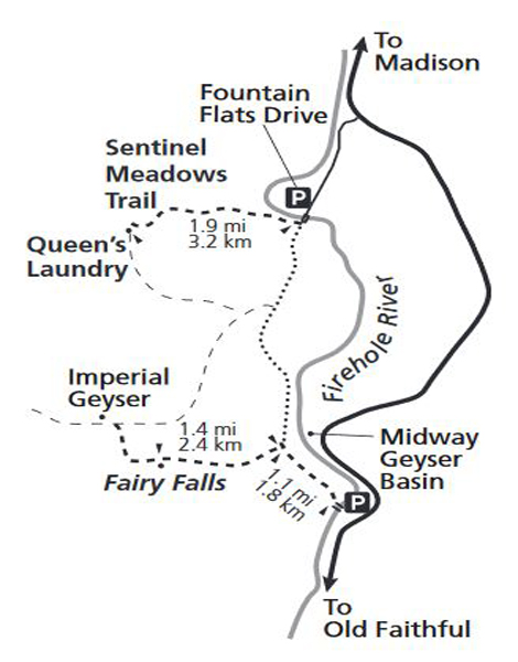 Hiking map to Fairy Falls, Sentinel Meadows and Queens Laundry in Yellowstone National Park